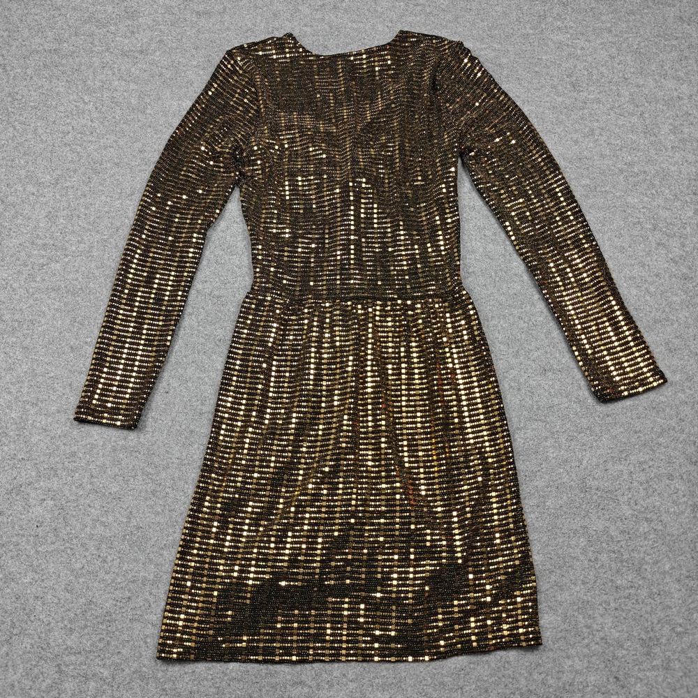 Michael Kors Dress Womens Medium Gold Sequin Fit & Flare V Neck Short $155 New - Picture 7 of 10